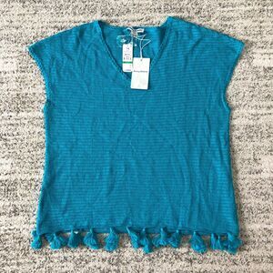 Tommy Bahama Tunic Women's Size Large Blue Linen Blend Pom Pom tasseled